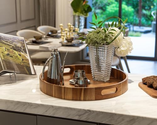 Round Wood Serving Trays Set of 2, Ottoman Tray Rustic Acacia Wooden Trays with Handles, Nesting Circle Tray with 4 Coasters for Coffee Table Living Room Bathroom Bedroom Party - Image 6