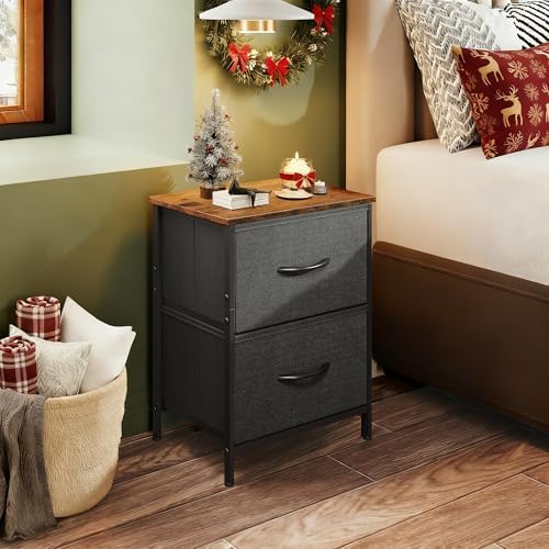 WLIVE Nightstand, 2 Drawer Dresser for Bedroom, Small Dresser with 2 Drawers, Bedside Furniture, Night Stand, End Table with Fabric Bins for Bedroom, Closet, Entryway, Black and Rustic Brown - Image 4