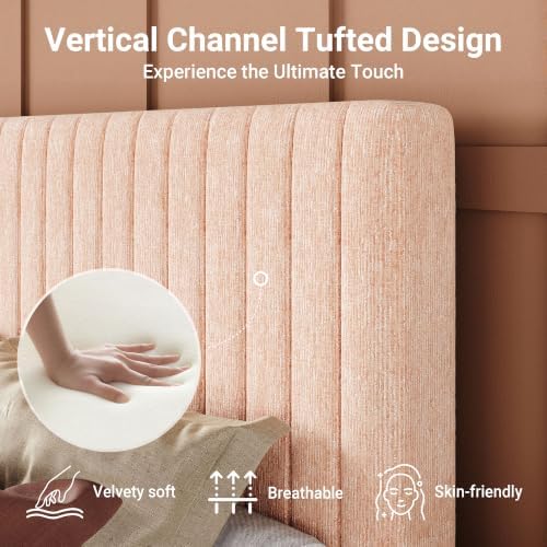 Allewie Twin Bed Frame, Upholstered Platform Bed with Adjustable Vertical Channel Tufted Headboard, Mattress Foundation with Strong Wooden Slats, Box Spring Optional, Easy Assembly, Chenille Pink - Image 5