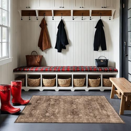 Brown Boho Washable Entry Rug, 3x4 Rugs for Entryway Kitchen Bathroom Door Mat Indoor Entrance, Non Slip Rubber Backing, Stain & Fade Resistant, Earthy Taupe Floral Design - Image 3