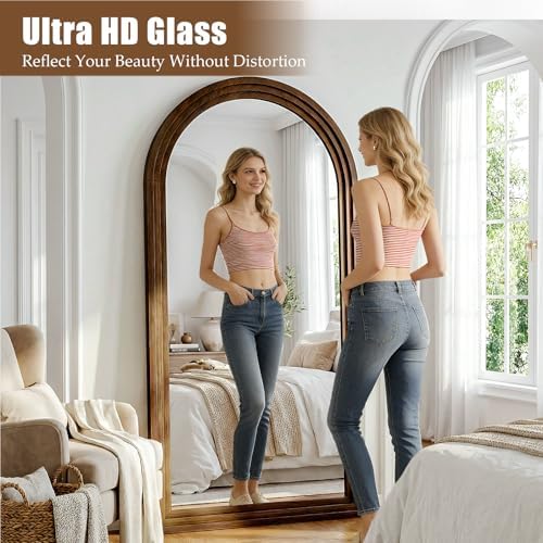 30"x71" Full Length Mirror Solid Wood Frame, Arched Floor Mirror Full Length with Stand, Room Decor Big Full Body Mirror with HD Tempered Glass for Bedroom, Living Room, Walnut Wood - Image 6