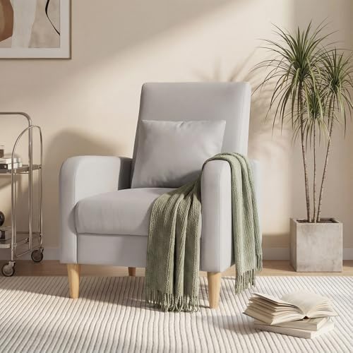 COLAMY Mid-Century Modern Accent Chair, Faux Leather Upholstered Living Room Chair with Back Pillow & Solid Wood Legs, Comfy Armchair for Living Room, Bedroom, Single Sofa, Light Grey by COLAMYHOME