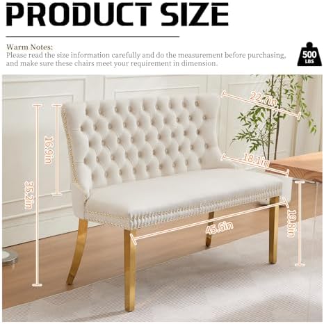 Beige Velvet Dining Bench with Back, Tufted Banquette Seating, Gold Legs - Image 2