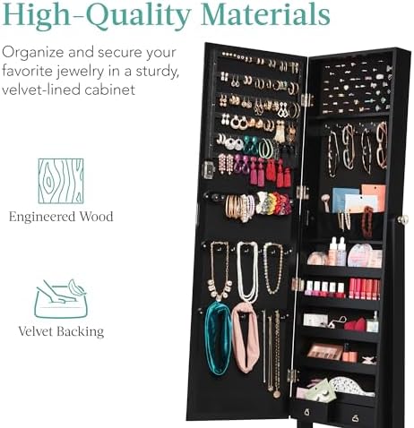 Best Choice Products Freestanding Jewelry Armoire Cabinet, Full Length Standing Mirror, Lockable Makeup Storage Organizer, w/Velvet Lining, 3 Angles, Lock, Accessory Pouch, 5 Shelves - Black - Image 5