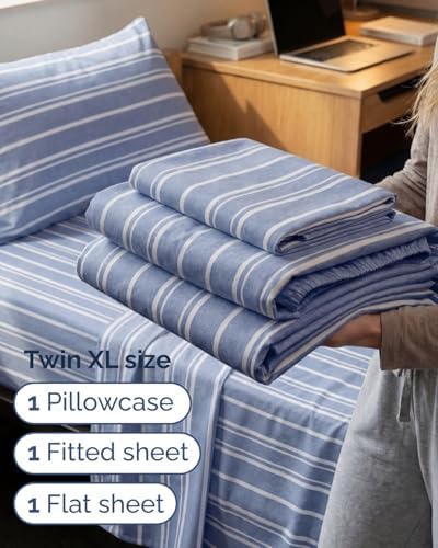 Twin XL 3 Piece Sheet Set - College Dorm Room Essentials - Blue Stripes - Image 3