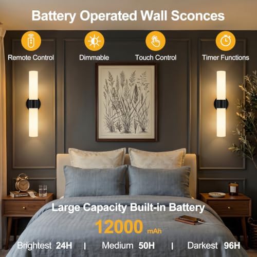 Rechargeable Wall Sconces Set of Two, Modern Matte Battery Operated Wall Light Fixtures with Remote Control, Dimmable Wireless Wall Sconces with Milky Glass for Bathroom Mirror Bedroom Living Room - Image 3