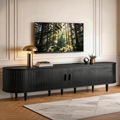 MXV 80" TV Stand with Sliding Doors for Living Room, Mid Century Modern Entertainment Center, TV Console with Fluted Door Cabinets and Power Outlet, Black by Unknown