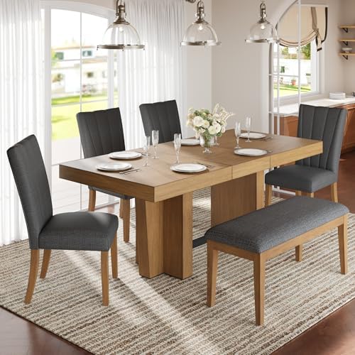 6-Piece Farmhouse Functional Dining Set, Rubber Wood Extendable Dining Table with 4 Upholstered Chairs& Bench, Thick Tabletop and Trestle Legs, Rectangular Dining Room Table Set for 6 (Gray-7.2) - Image 2