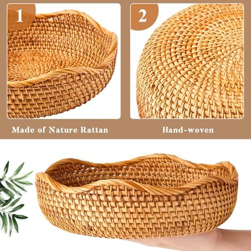 3 Pcs 10.2 Inch Scalloped Rattan Baskets Round Wicker Bowls - Image 4