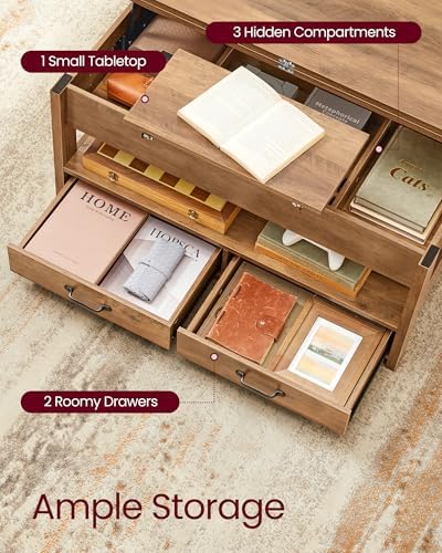 VASAGLE Lift Top Coffee Table, 3 in 1 Center Table with Storage, 2 Drawers - Image 6