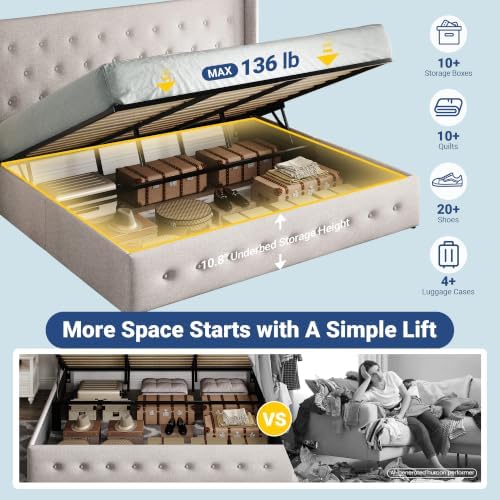 Allewie King Size Lift Up Storage Button-Tufted Bed Frame Light Beige - Image 3