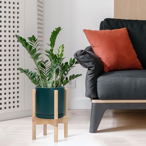 D'vine Dev Ceramic Pot with Natural Wood Stand, Teal, 8 in, 55-B-N-4 - Image 2