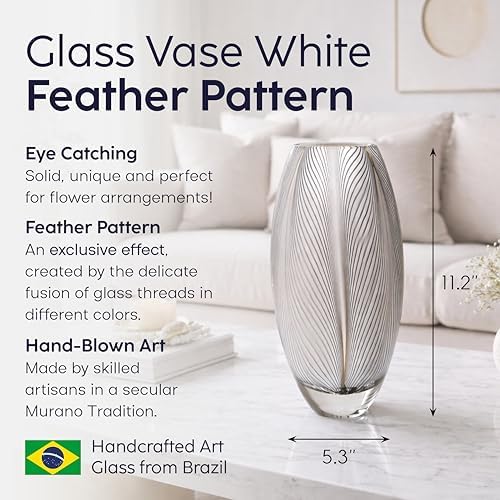 Murano Style Glass Vase Hand Blown White Feather Pattern Effect Home Decor - Image 2