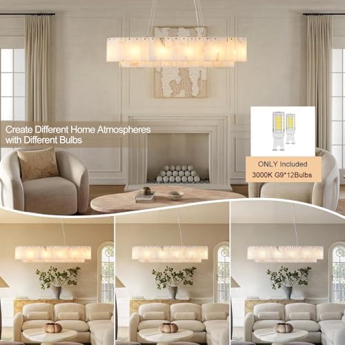 L40in Alabaster Rectangular Chandelier for Dining Room, Modern White Marble Oval Chandeliers for Kitchen Island, Rectangle Chandelier for Dining Table (Dimmable Bulbs INCL) - Image 6