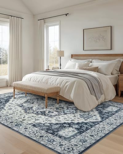 Amada Large 9x12 Washable Area Rug for Living Room, Navy/Blue, Vintage - Image 3