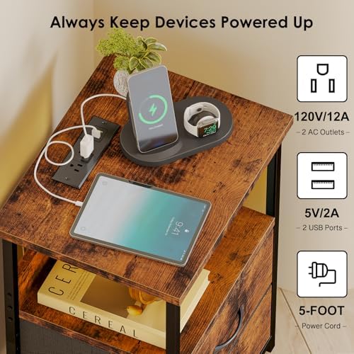 Fixwal Night Stand with Charging Station, Led Nightstand, 2 Fabric Drawers - Image 5