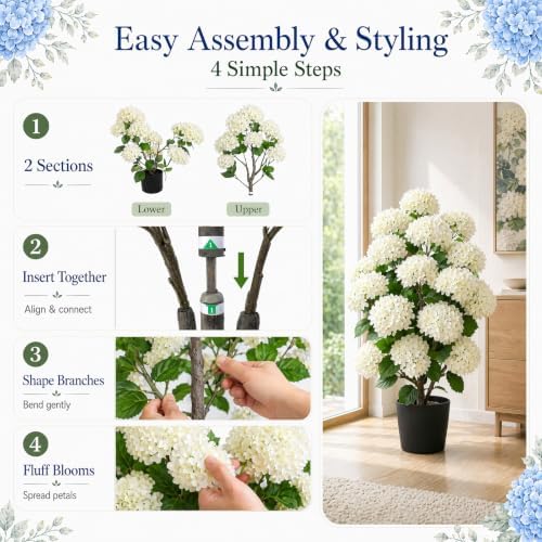 Set of 2 Artificial Hydrangea Trees:32 Inch Faux Flower Plant(White) - Image 6