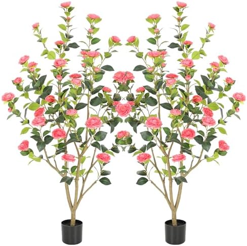 Nafresh 5FT Lush Artificial Pink Camellia Tree Outdoor 2 Pack, 60inch Faux Camellia Plant, Fake Camellia Flowers Tree for Indoor Outdoor Living Room Home Patio Front Door Garden Decor by Nafresh