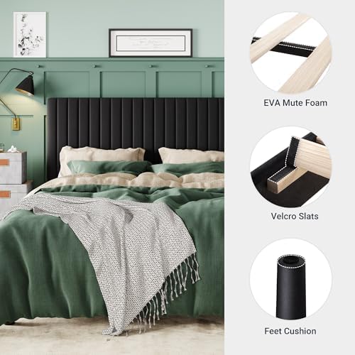 Allewie King Platform Bed Frame, Velvet Upholstered with Adjustable Vertical Channel Tufted Headboard, Mattress Foundation with Strong Wooden Slats, Box Spring Optional, Easy Assembly, Black - Image 5