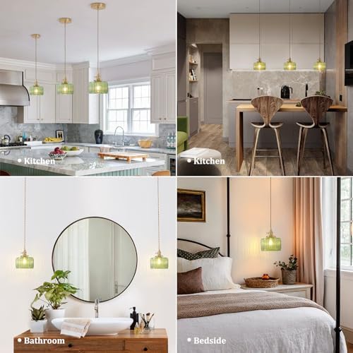 Shenmoyl Pendant Light with Green Striped Glass Lmapshade, Brass Vintage Pendant Light Adjustable Hanging Light for Kitchen Island Dining Room Hallway - Image 4