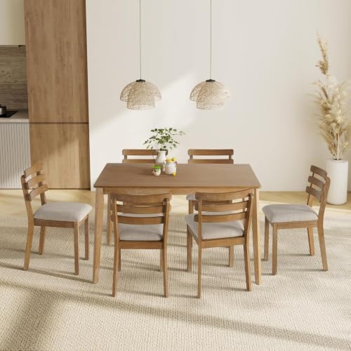 Dining Table Set for 6, Wooden Farmhouse Table, 6 Upholstered Chairs by SIMTONAL