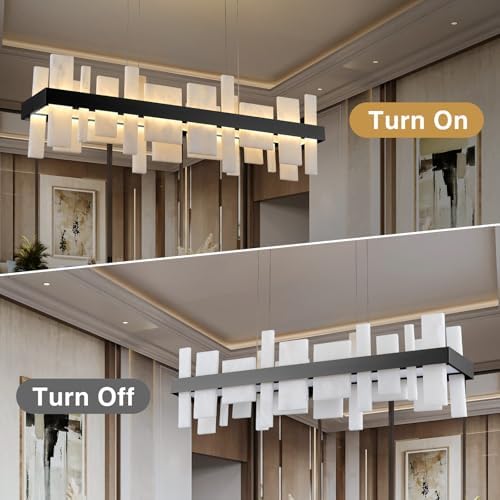 Alabaster Rectangle Chandelier,46.8in Adjustable Hanging Linear Chandelier, Dimmable Warm Glow, Modern Design Spanish Natural Stone Rectangle Ceiling Light for Dining Room, Kitchen Island, Entryway - Image 3