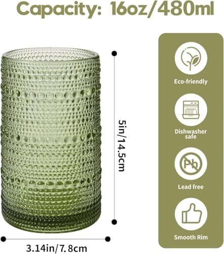 Vintage Hobnail Drinking Glasses Set of 12, 16 oz Large Capacity Embossed Green Tumblers, Highball Glasses for Water, Cocktail, Beer, Whiskey, Kitchen & Bar Use - Image 3