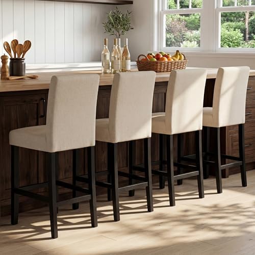 GOTMINSI Classic 24 Inches Counter Height Stools Upholstered Bar Stools with Solid Wood Legs Set of 4(Fabric Beige) - Image 6