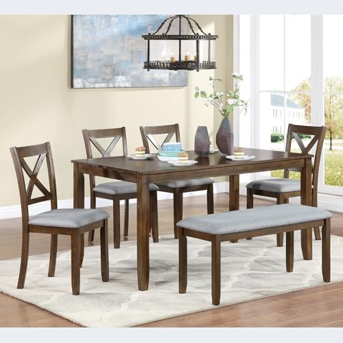 Harper & Bright Designs 6-Piece Dining Table Set with 4 Upholstered Chairs & Bench, 58.5" Rectangular Solid Wood Frame Table, Dining Table Set for 6 People, Living Room, Home Bar and Kitchen,Walnut by HarperBrightDesigns