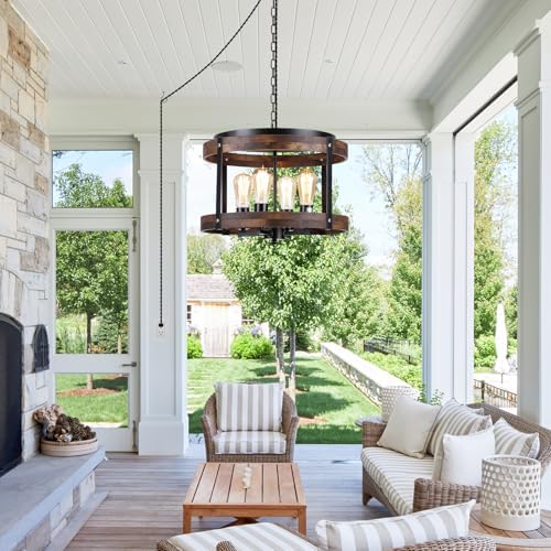 4-Light Large Rustic Farmhouse Plug in Pendant Light Fixture with Adjustable Chain, Dimmable Switch, 16.5 inch Oak Wood Drum Hanging Lamp for Dining Room Living Room Farmhouse Entry, Black by Unknown