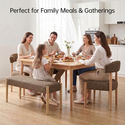 VKNOW Upholstered Dining Room Set for 4, Mid-Century Modern Dining Chairs Set of 2 and Dining Bench with Rubberwood Legs, for Dining Room, Living Room, Kitchen, Dark Brown - Image 3