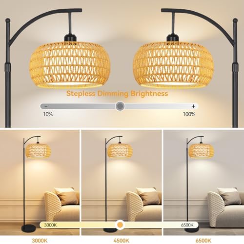 Arc Floor Lamps for Living Room Rattan Boho Floor Lamp with Remote Control,Dimmable LED Floor Lamp Wicker Lamp Shades Black Standing Lamp with 3 Color Temperature Tall Floor Lamps For Bedroom Corner - Image 2