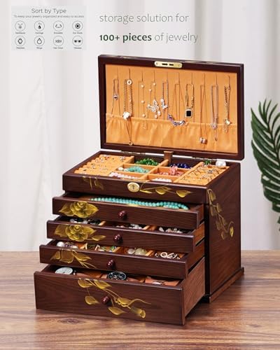 Painted Wooden Jewelry Box for Women, 6-Layer Vintage Organizer with Lock - Image 4