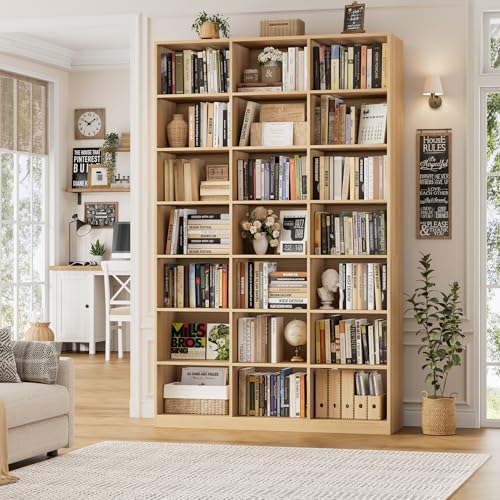 HOSTACK 86" H Triple Wide Bookshelf and Bookcase, 7 Tier Tall Bookshelf with Storage, Large Bookcase with 21 Open Display Storage Shelves, Book Shelf Media CD DVD Storage for Living Room, Light Wood - Image 2