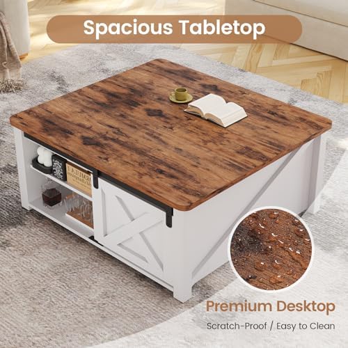 SEDETA 31.5" Lift Top Coffee Table with Storage, Square Coffee Tables for Living Room, Farmhouse Coffee Table with Large Hidden Storage Compartment and Adjustable Shelves, White - Image 5