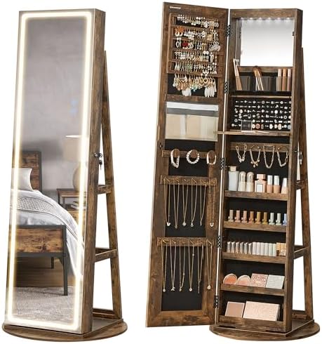 SONGMICS LED Mirror Jewelry Cabinet Standing, Adjustable Lights, Lockable by SONGMICSbySONGMICSHOME