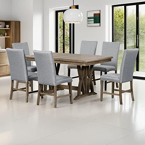 Mid-Century Extendable Dining Table Set for 6, Solid Wood 7-Piece Dining Table Set with 6 Upholstered Chairs and 12" Leaf, Home Breakfast Kitchen Dining Room Set for 6, Retro X Cross Trestle Base - Image 3