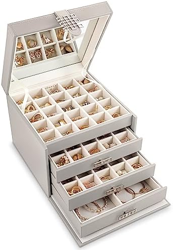 Glenor Co Earring Organizer Holder - 75 Small & 4 Large Slots Classic Jewelry Box with Drawer & Modern Closure, Mirror, 4 Trays Earrings, Ring or Chain Storage - PU Leather Case - Grey by GlenorCo