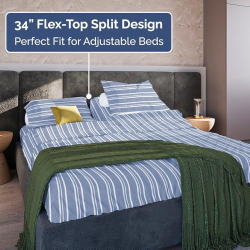 Flex Top Split Head King 4 Piece Sheet Set - Soft & Cooling - Blue Stripes - Image 3