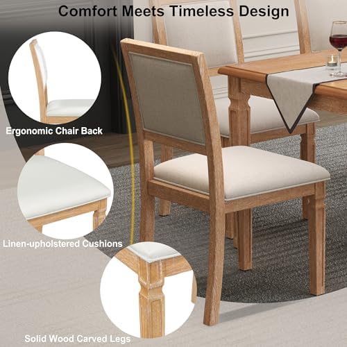 VilroCaz Farmhouse 6-Piece Dining Table Set, 59 to 72-Inch Extendable Dining Table with 4 Chairs & Bench, Vintage Kitchen Table Set with Distressed Finish and Retro Carved Legs (Natural-11.6) - Image 7