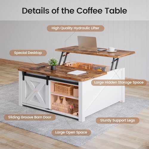 SEDETA 31.5" Lift Top Coffee Table with Storage, Square Coffee Tables for Living Room, Farmhouse Coffee Table with Large Hidden Storage Compartment and Adjustable Shelves, White - Image 3