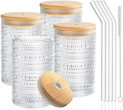Hobnail Drinking Glasses with Bamboo Lids and Glass Straw 4Pcs Set - 14oz Vintage Glass Cups, Water Glasses, Iced Coffee Glasses, Cute Tumbler Cup, Ideal for Cocktail, Whiskey, Gift - Cleaning Brushes by Lvtrupc