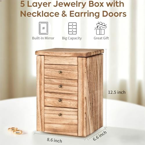 Meangood Jewelry Box Jewelry Organizer, 5-Layer Wooden Jewelry Organizers and Storage Boxes for Women Girls, Ring Earring Bracelet Necklace Holder Organizer with Mirror & Drawers (Carbonized Black) - Image 2