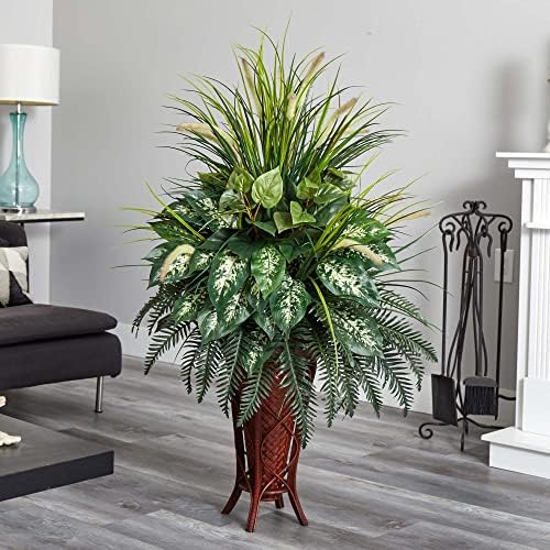 Nearly Natural 6725 Mixed Greens and Cattails Plant with Stand Planter, Green 34 x 32 x 50 - Image 2