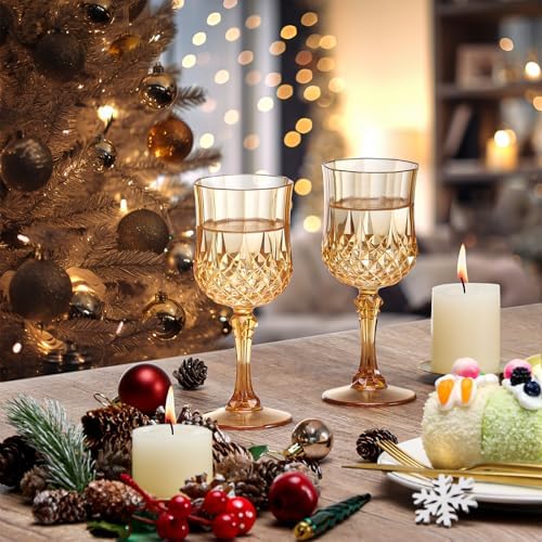 XUWAIDSGN 24Pcs 7oz Plastic Vintage Wine Glasses Drinking Glasses Unbreakable Wedding Glassware Crystal Water Goblets Reusable Drinkware Vintage Champagne Flutes (24, Amber) - Image 5