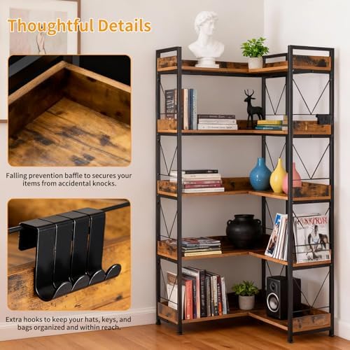 DUMOS 65 inch L Shaped Bookshelf, 5 Tier Corner Bookcase with Hooks and Edge, Industrial Pantry Shelves with Metal Frame, Wooden Open Storage for Living Room, Home Office, Bedroom, Rustic Brown - Image 5