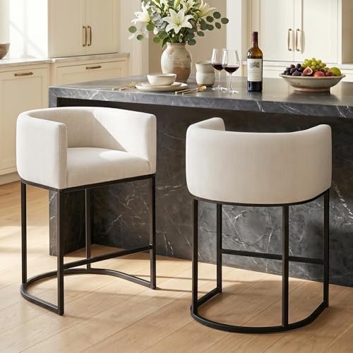 Counter Height Bar Stools Set of 2, 24 Inch Seat Height Barstools for Dining Room, Fabric Upholstered Bar Chair for Kitchen Island, Linen Counter Stools with Metal Legs, Beige - Image 6