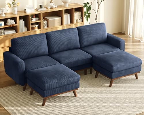 Vesgantti 97" Modular Sectional Sofa Dark Blue, U-Shaped Couch with Movable Ottoman, Comfy Corduroy Couch with Spring Cushion, Modular Sofa with Deep Seat for Living Room, Bedroom and Apartment by Vesgantti
