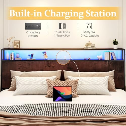 Lifezone King Bed Frame with 2-Tier Storage Headboard, Metal Platform Bed Frame with 4 Storage Drawers, Built in Charging Station & LED, Noise-Free/Metal Support/No Box Spring Needed, Coffee Brown - Image 5