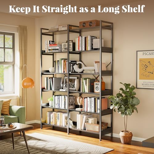 Huuger 6 Tier Bookshelf, Display Bookshelf with 12 Open Shelves and Raised Baffle, 47.2 Inch Straight Wide Bookcase with Metal Frame and Wooden Board, Adjustable Feet, Black, 1BC010B - Image 3